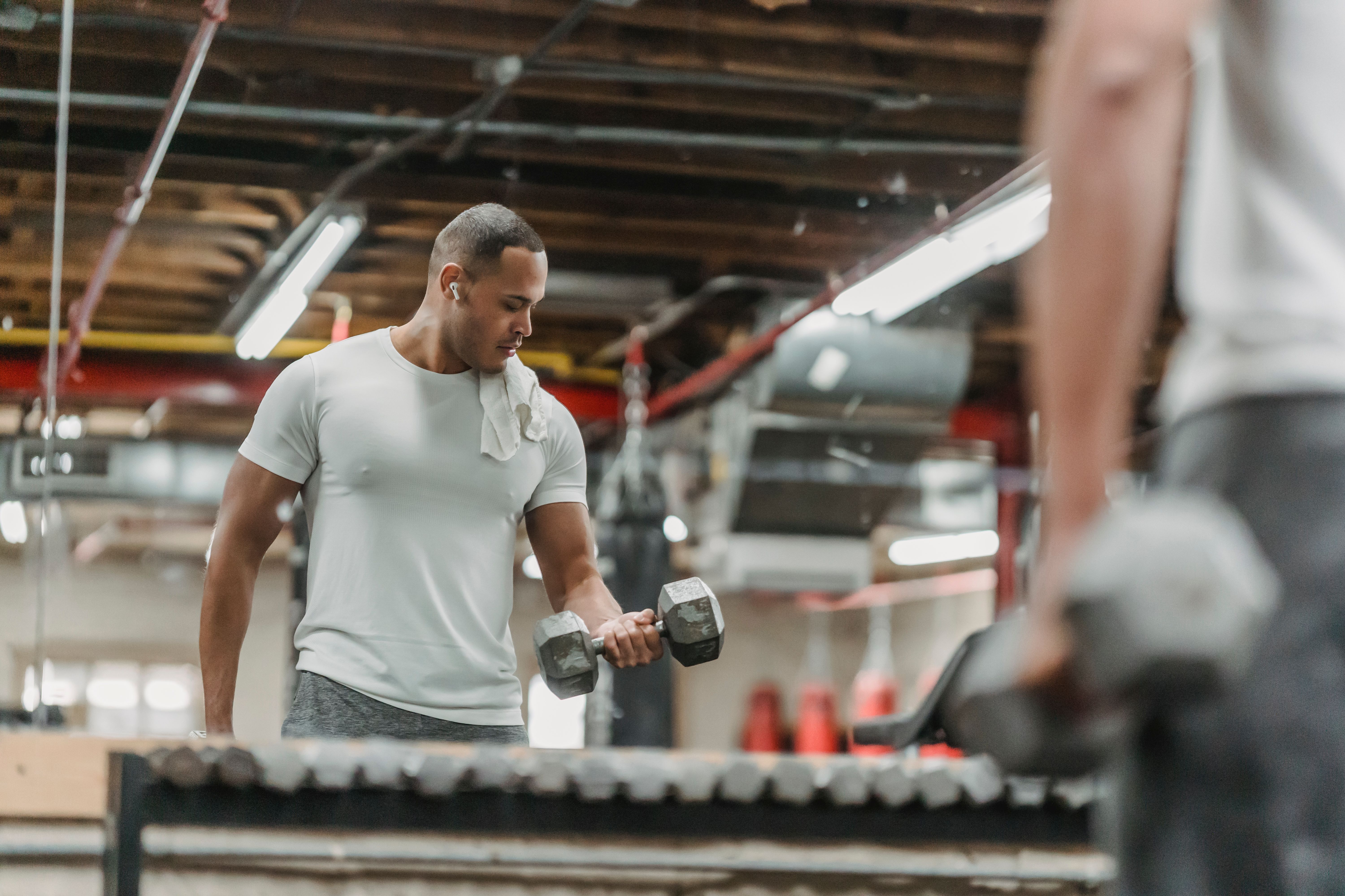 Close-up of a dumbbell training session